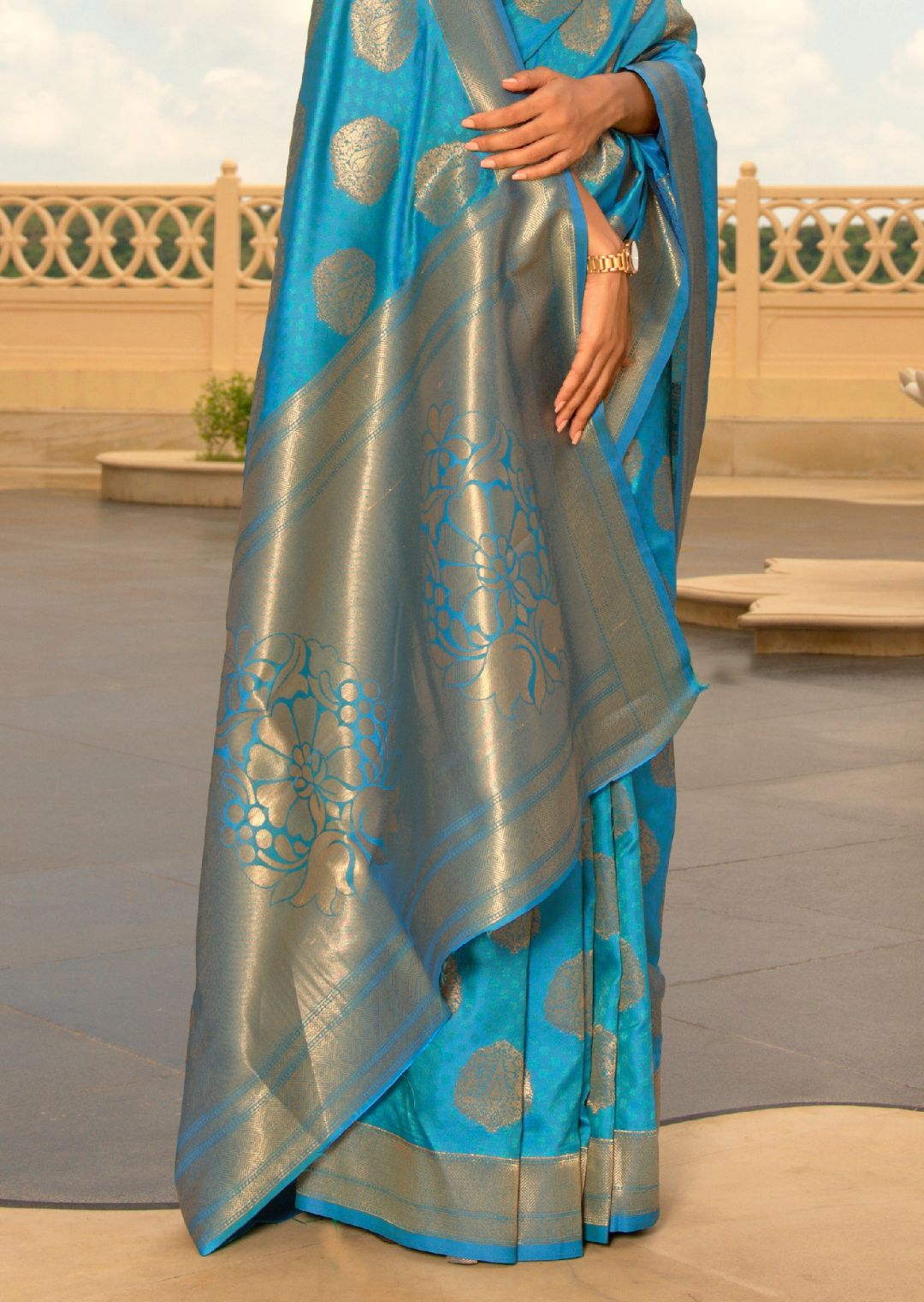 Cerulean Blue Zari Woven Banarasi Silk Saree