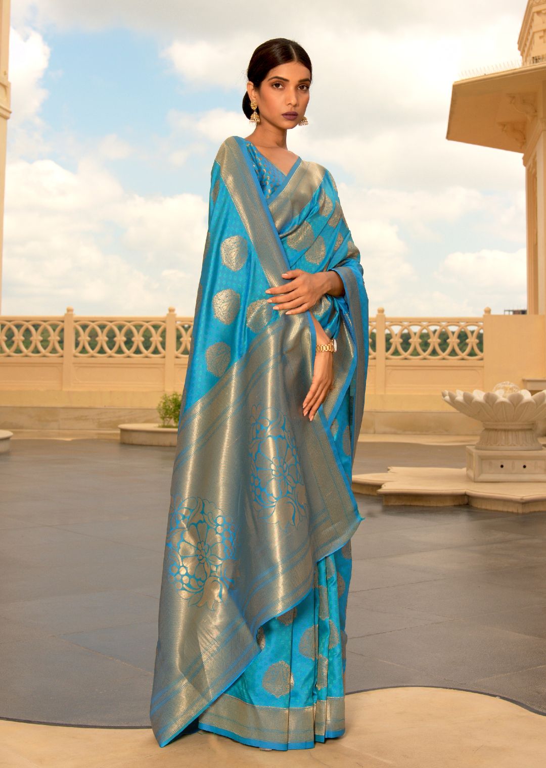 Cerulean Blue Zari Woven Banarasi Silk Saree