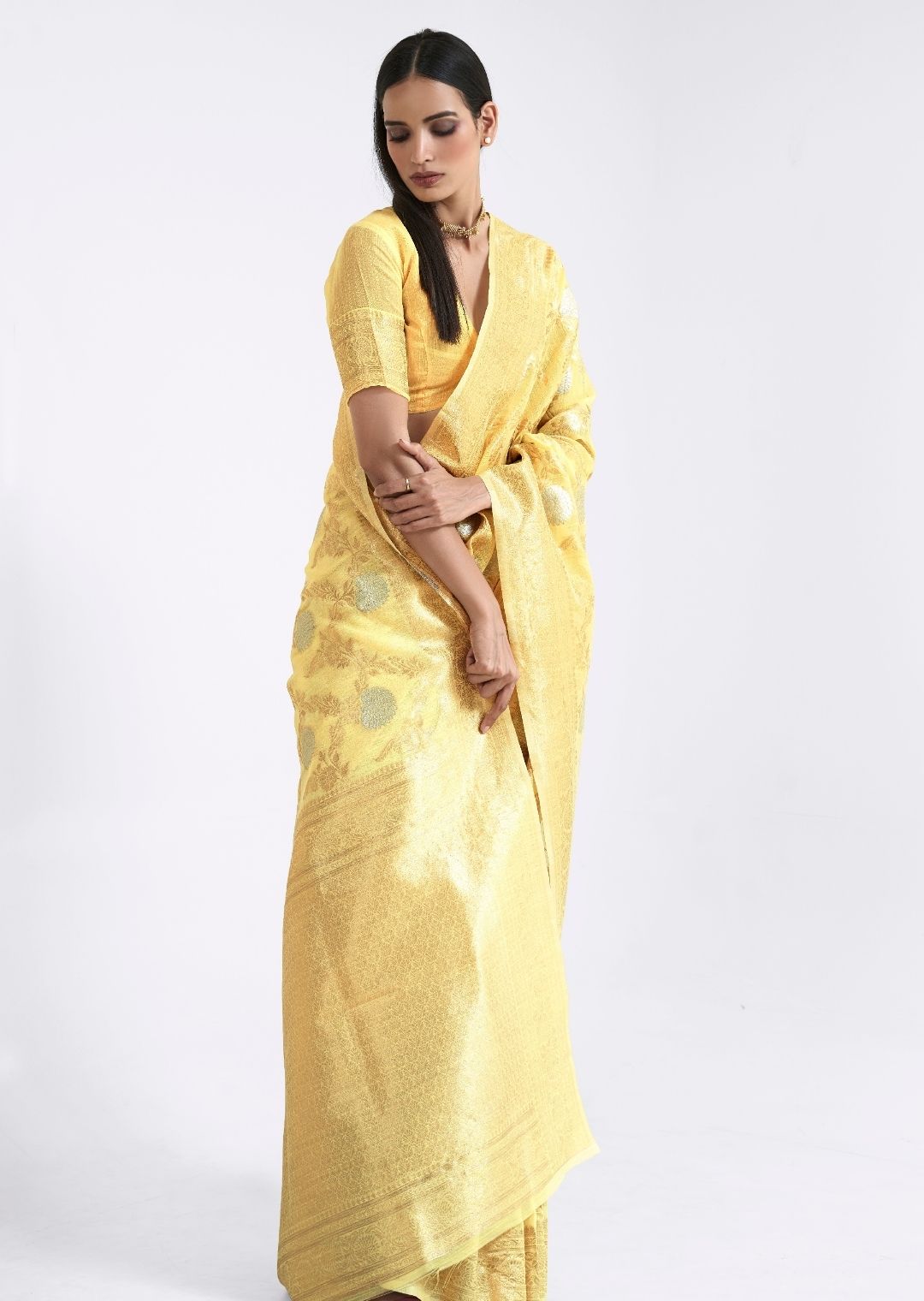 Lemon Yellow Zari Woven Pure Handloom Linen Saree