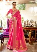 Deep Watermelon Pink Woven Handloom Zari Silk Saree
