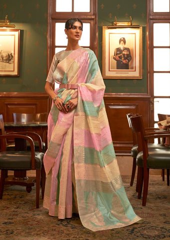 Turquoise Green & Cream Zari Woven Pure Handloom Organza Silk Saree With Sequins Work