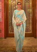 Golden Aqua Marine Blue Zari Woven Pure Handloom Linen Saree