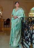 Aqua Blue Zari Woven Pure Handloom Linen Saree