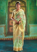 Tea Green Zari Woven Pure Handloom Digital Linen Saree
