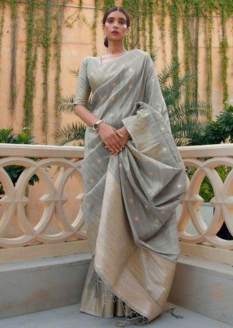 Light Steal Gray Zari Woven Pure Handloom Linen Saree