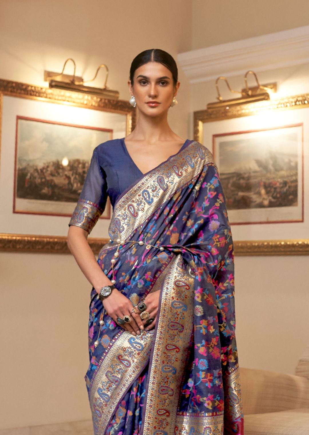Navy Blue Woven Pure Handloom Kashmiri Jamewar Silk Saree