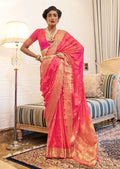 French Rose Pink Woven Handloom Zari Silk Saree