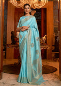 Electric Blue Hand Woven Tussar Cotton Silk Saree With Sequins Work