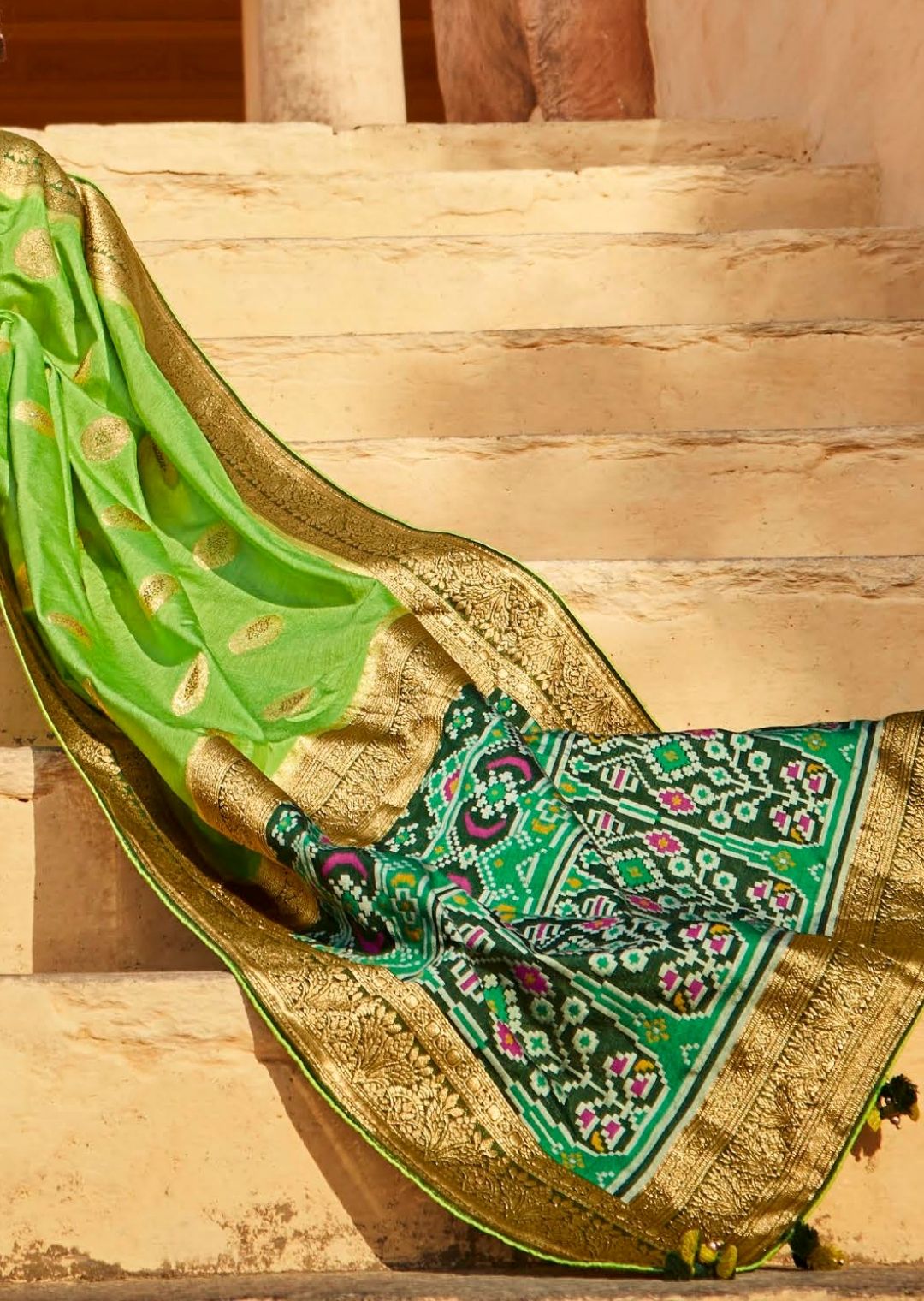Lime Green Woven Traditional Patola Silk Saree With Embroidered Silk Blouse