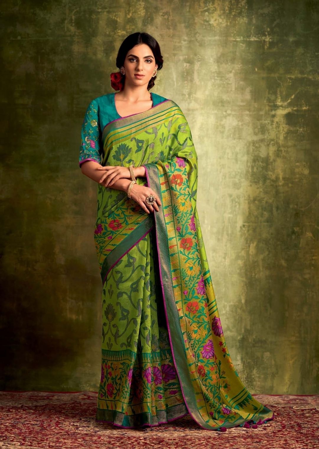 Pear Green Pure Braso Chiffon Saree With Embroidered Silk Blouse
