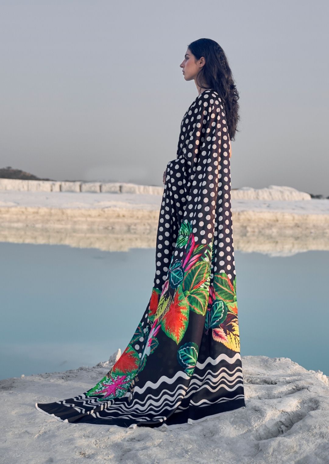 Black Digital Printed Satin Crepe Saree
