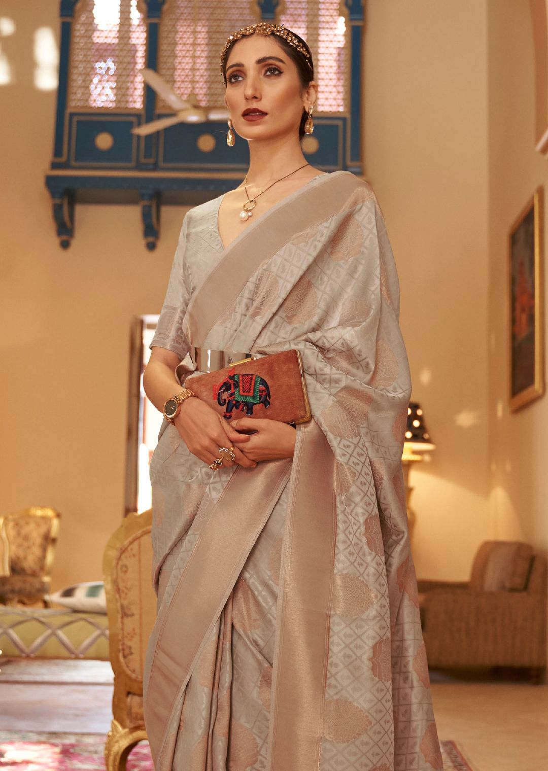 Moth Gray White Zari Woven Banarasi Silk Saree