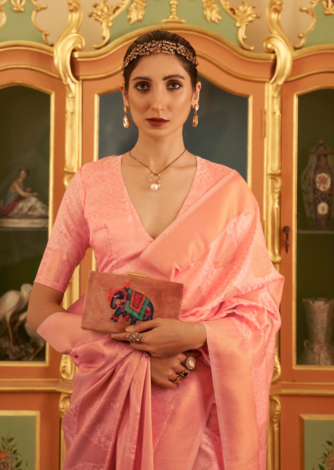 Peach Pink Zari Woven Banarasi Silk Saree