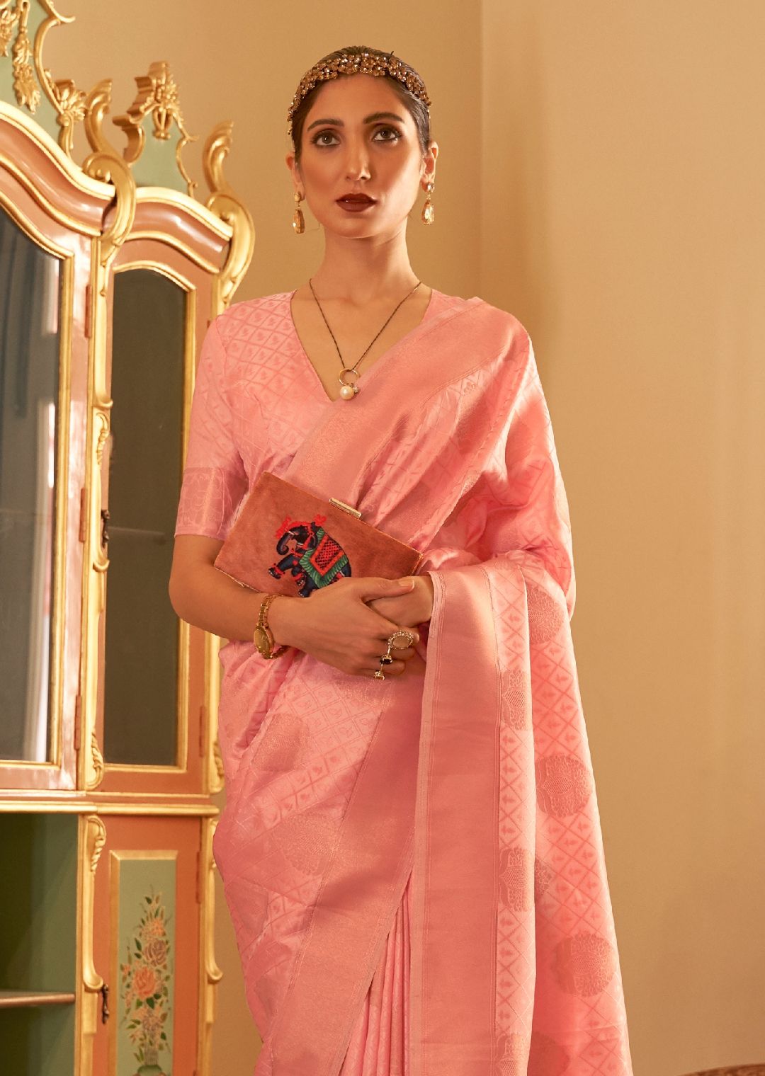 Peach Pink Zari Woven Banarasi Silk Saree