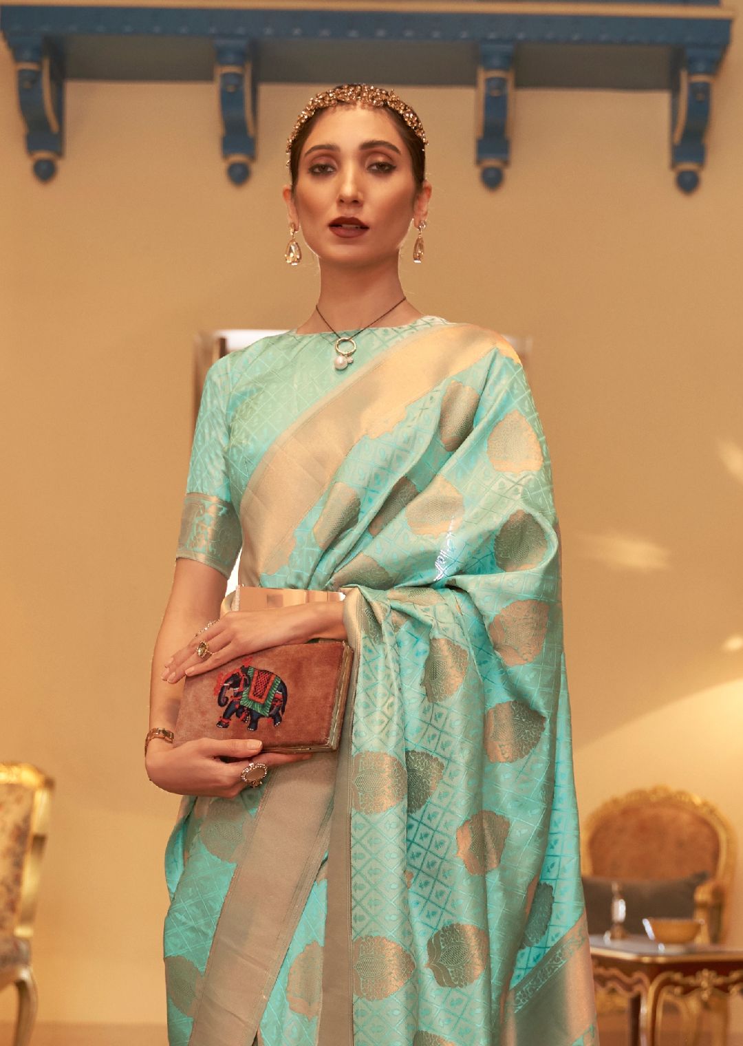 Light Aqua Marine Zari Woven Banarasi Silk Saree