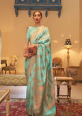 Light Aqua Marine Zari Woven Banarasi Silk Saree