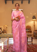 Carnation Pink Zari Woven Banarasi Silk Saree
