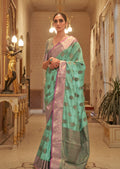Aqua Marine Green Zari Woven Pure Handloom Banarasi Silk Saree