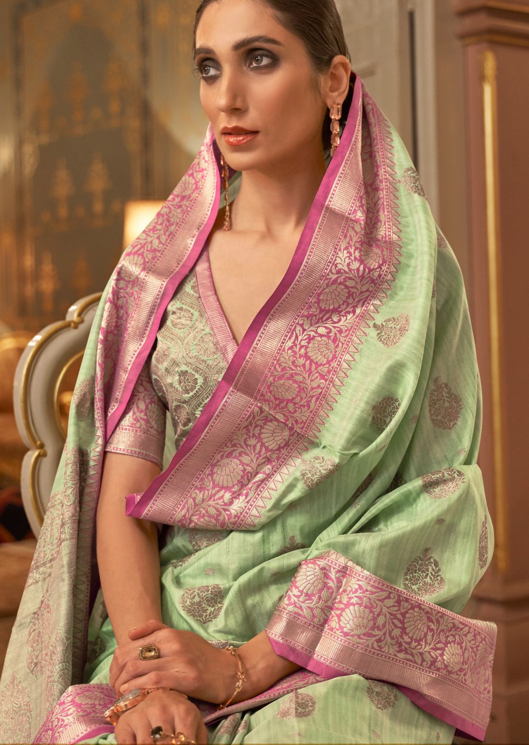 Pistachio Green Zari Woven Pure Handloom Banarasi Silk Saree
