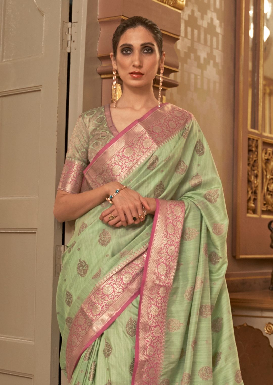Pistachio Green Zari Woven Pure Handloom Banarasi Silk Saree
