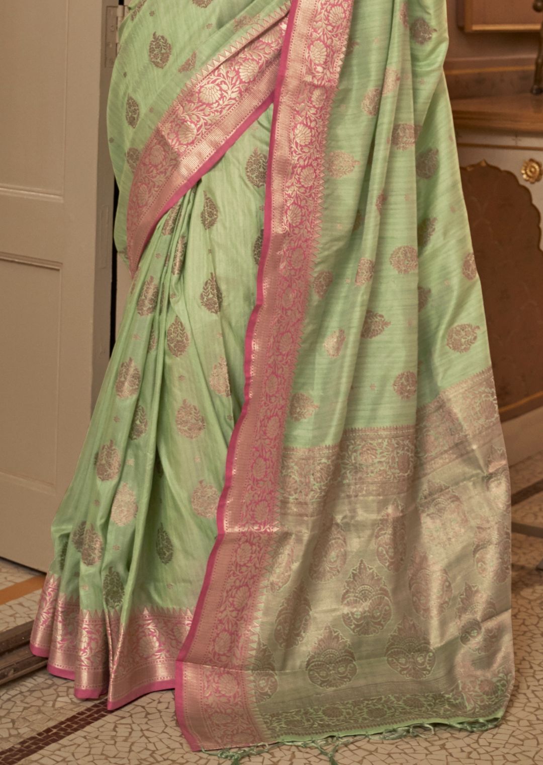 Pistachio Green Zari Woven Pure Handloom Banarasi Silk Saree