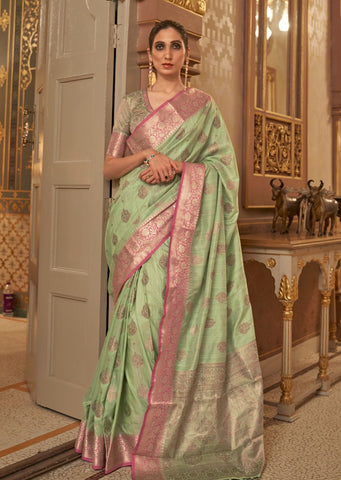 Pistachio Green Zari Woven Pure Handloom Banarasi Silk Saree
