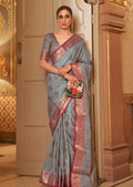 Slate Gray Zari Woven Pure Handloom Banarasi Silk Saree