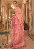 Peach Pink Zari Woven Pure Handloom Banarasi Silk Saree