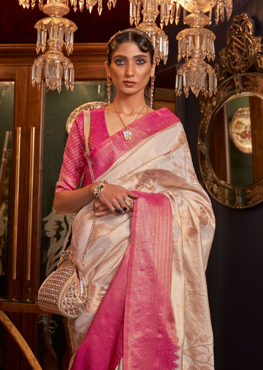 Pearl White & Pink Zari Woven Pure Handloom Banarasi Brocade Silk Saree