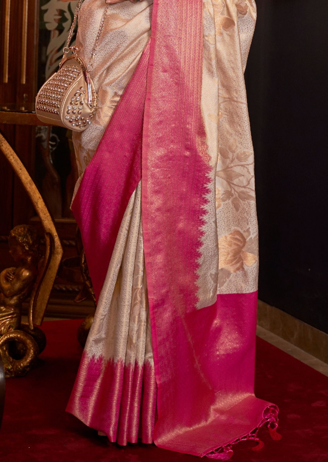 Pearl White & Pink Zari Woven Pure Handloom Banarasi Brocade Silk Saree