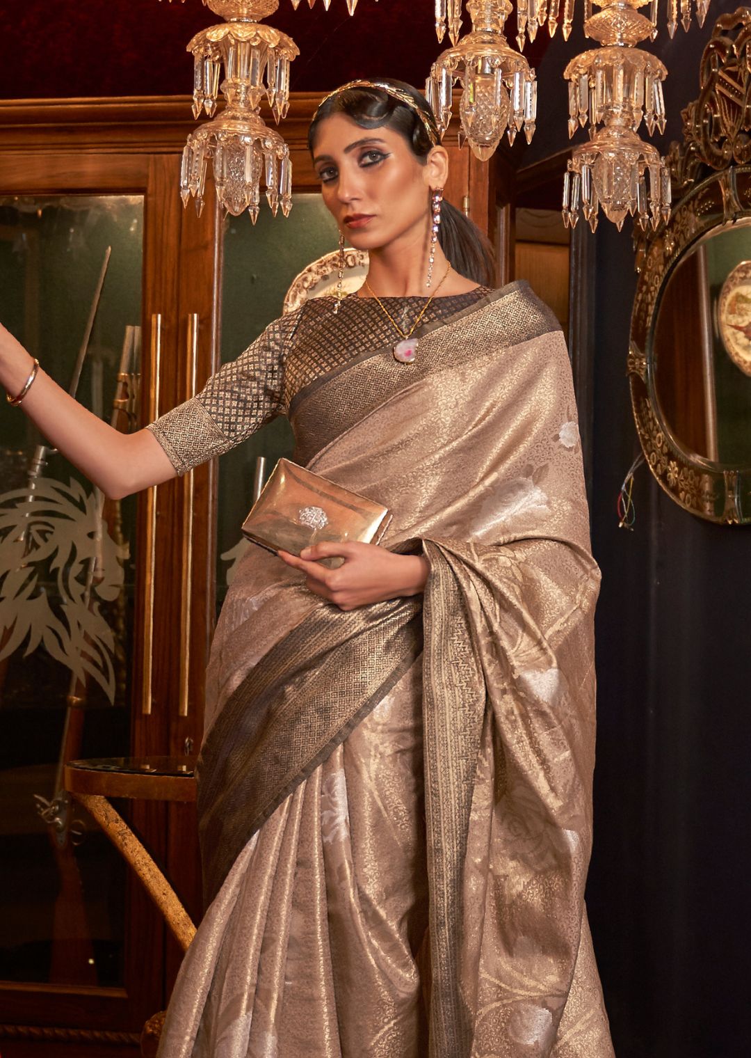 Moth Gray Zari Woven Pure Handloom Banarasi Brocade Silk Saree