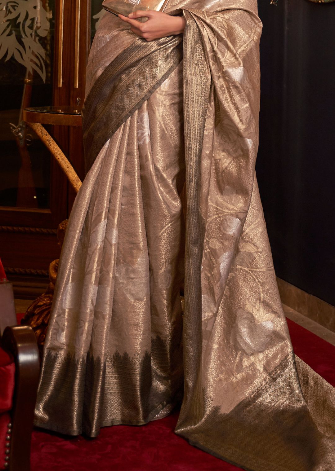 Moth Gray Zari Woven Pure Handloom Banarasi Brocade Silk Saree