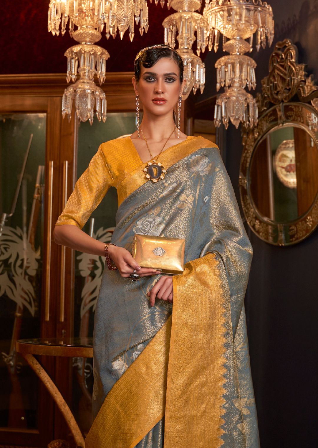 Golden Teal Blue Zari Woven Pure Handloom Banarasi Brocade Silk Saree