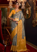 Golden Teal Blue Zari Woven Pure Handloom Banarasi Brocade Silk Saree