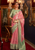 Golden Blossom Pink Zari Woven Pure Handloom Banarasi Brocade Silk Saree