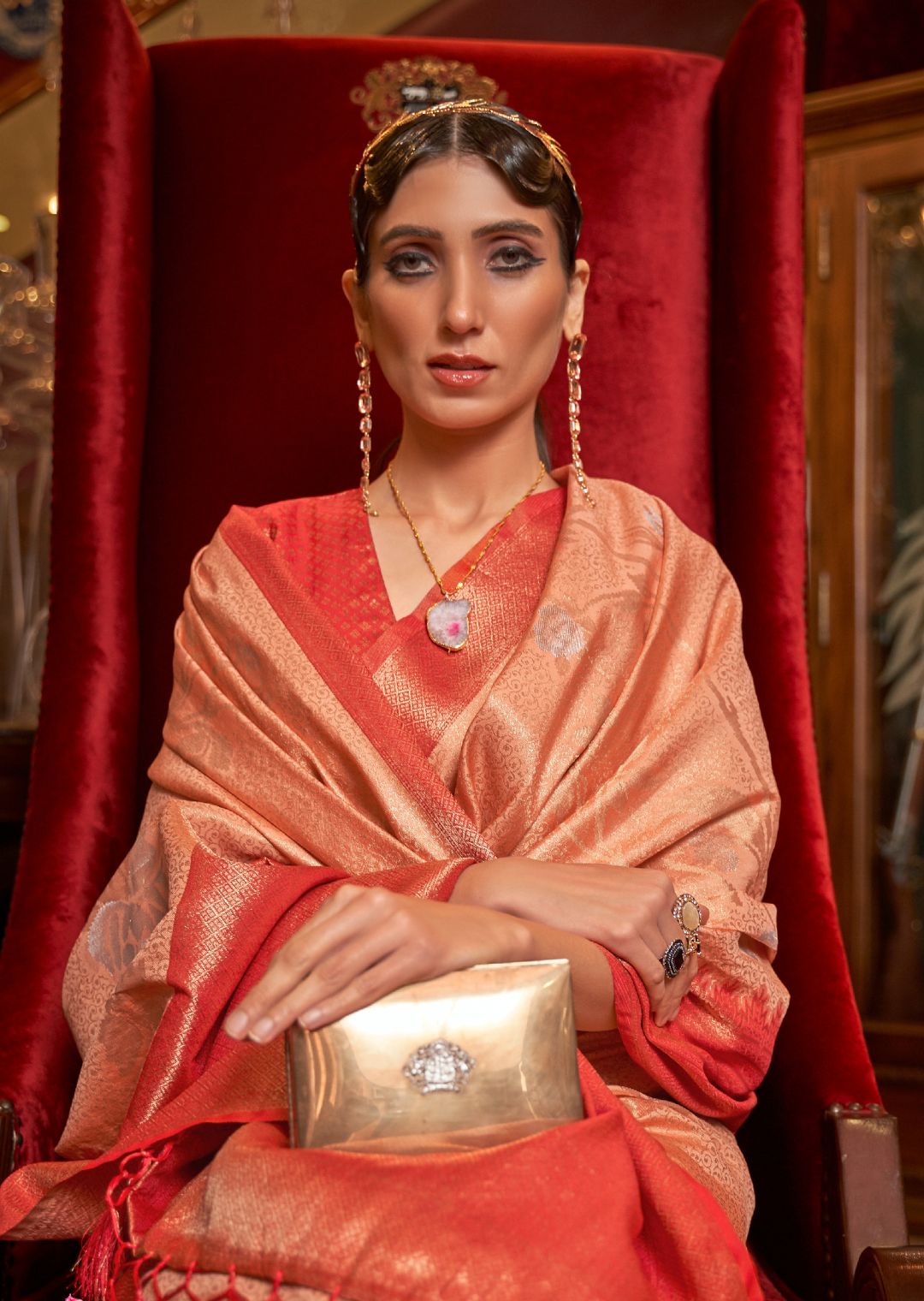 Golden Peach Zari Woven Pure Handloom Banarasi Brocade Silk Saree