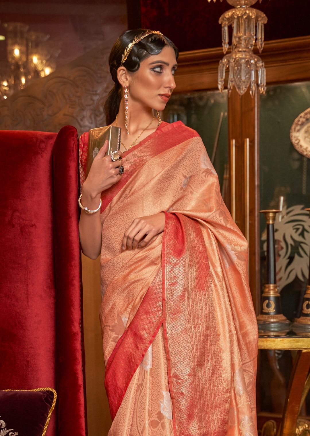 Golden Peach Zari Woven Pure Handloom Banarasi Brocade Silk Saree