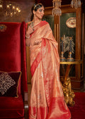 Golden Peach Zari Woven Pure Handloom Banarasi Brocade Silk Saree