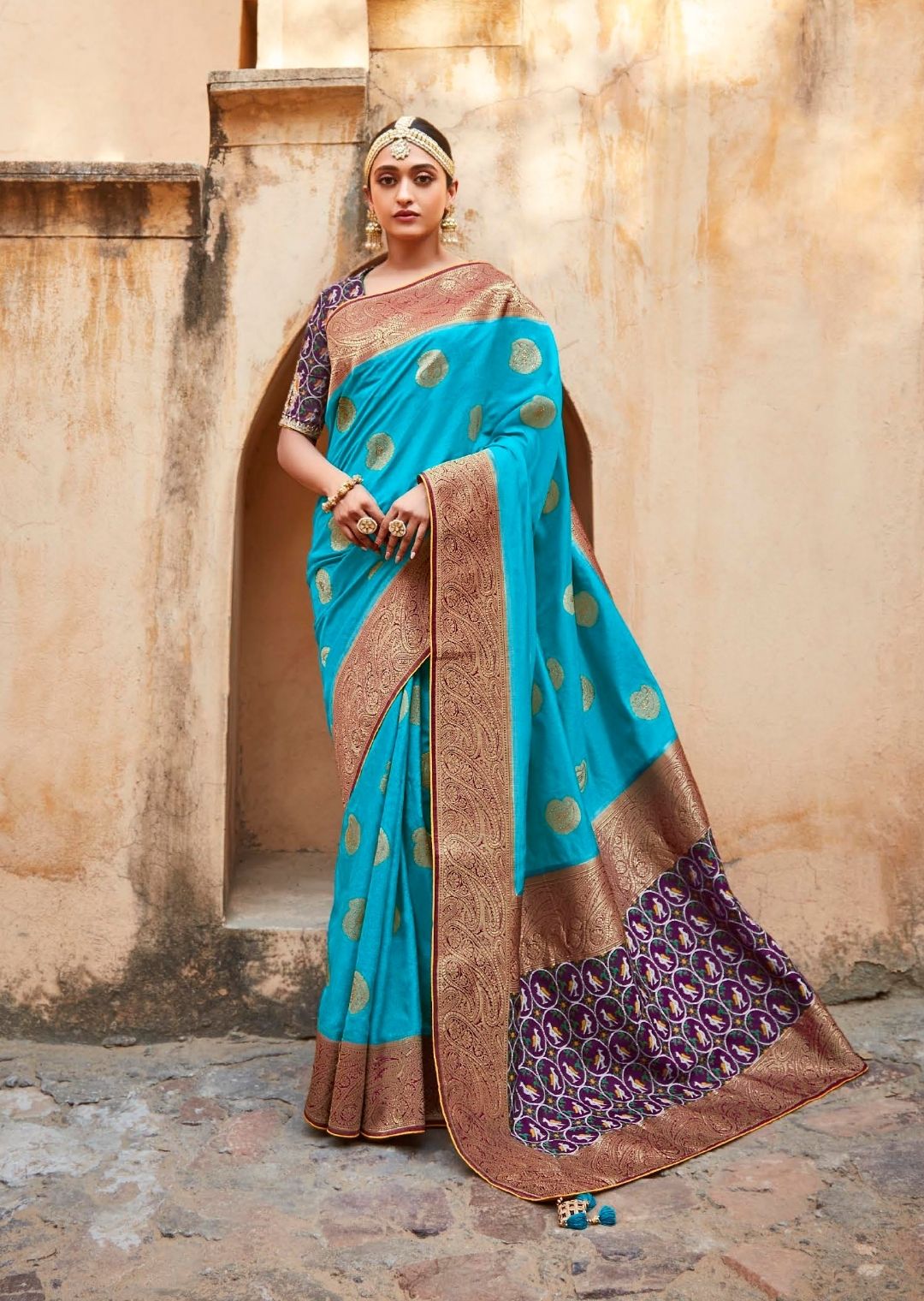 Deep Sky Blue Woven Traditional Patola Silk Saree With Embroidered Silk Blouse
