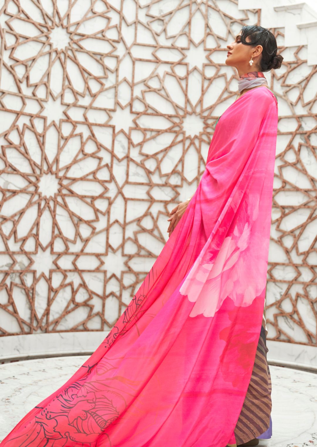 Hot Pink Kalamkari Printed Pure Crepe Silk Saree