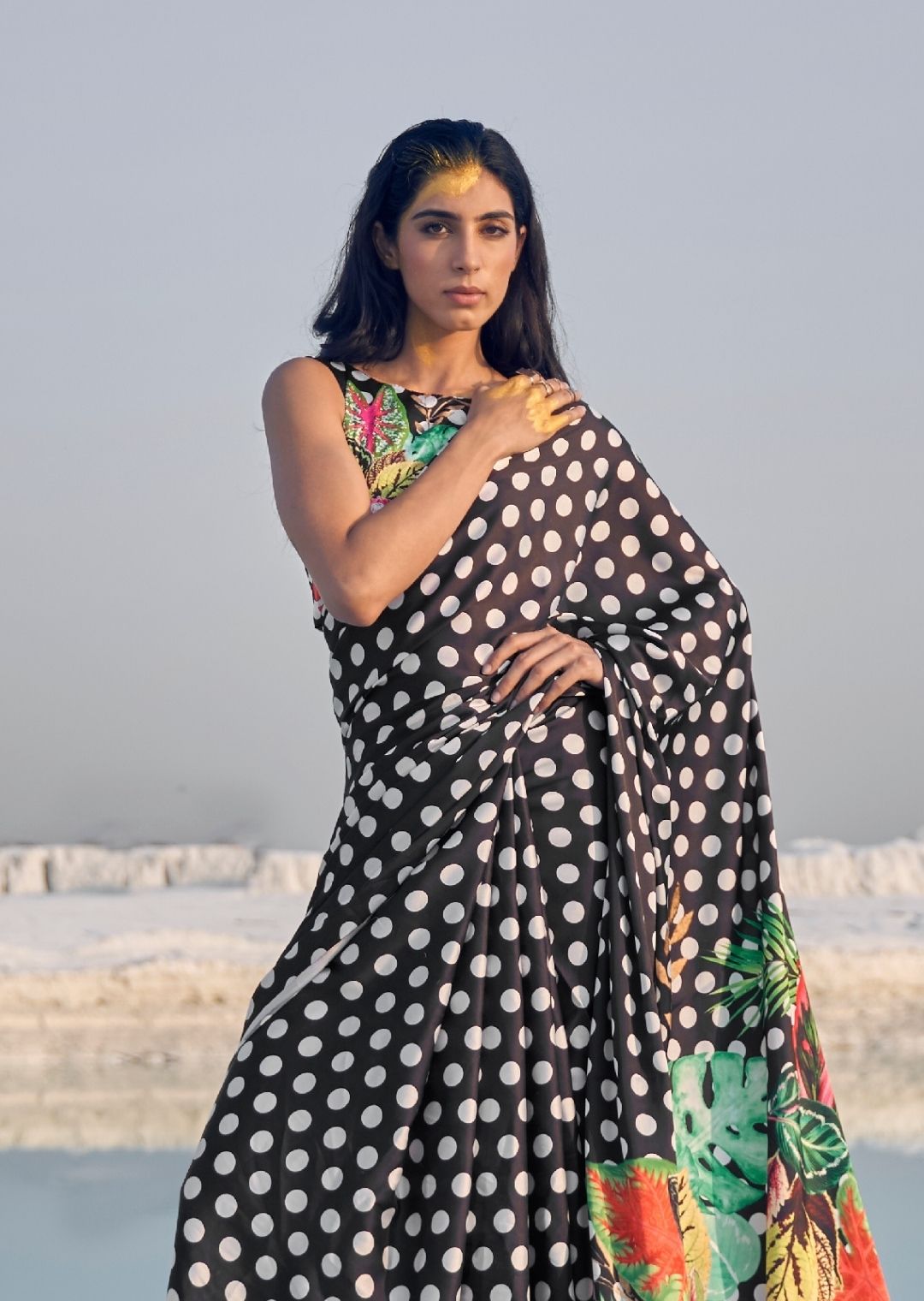 Black Digital Printed Satin Crepe Saree