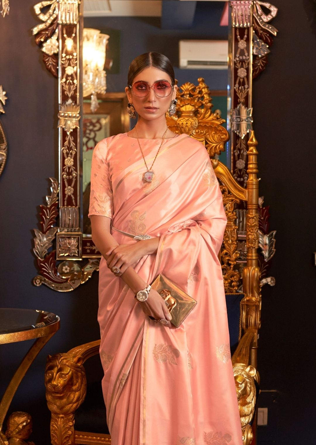 Peach Woven Pure Satin Silk Saree