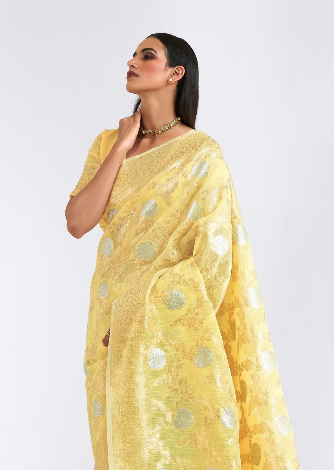 Lemon Yellow Zari Woven Pure Handloom Linen Saree