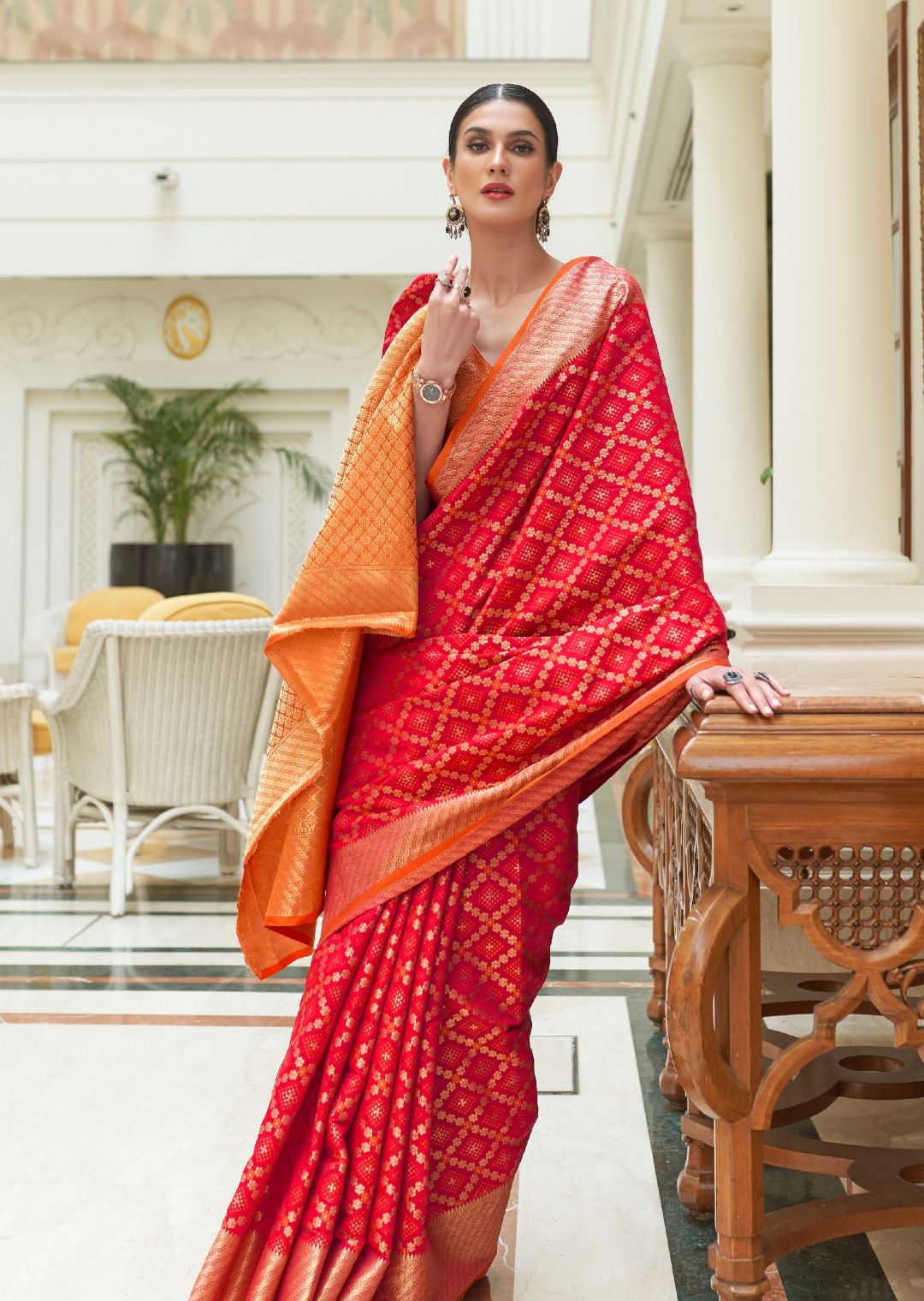 Red Zari Woven Traditional Patola Silk Saree With Self Brocade Blouse