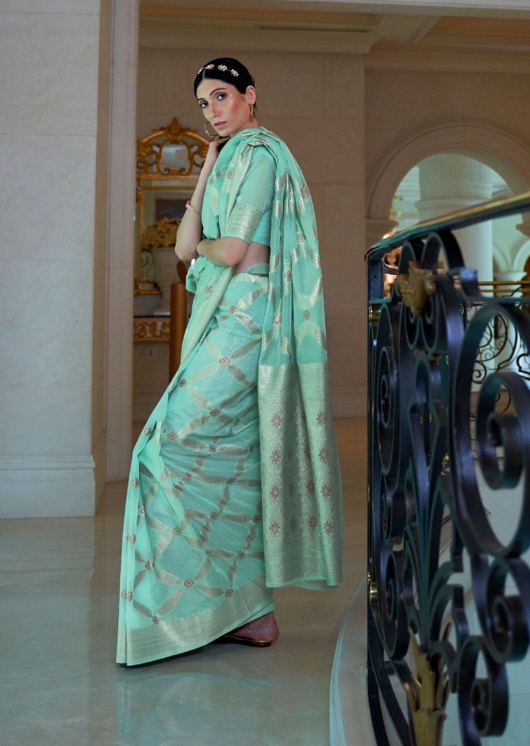 Aqua Blue Zari Woven Pure Handloom Linen Saree