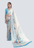 Cloud White & Aqua Blue Shaded Digital Printed Satin Crepe Saree