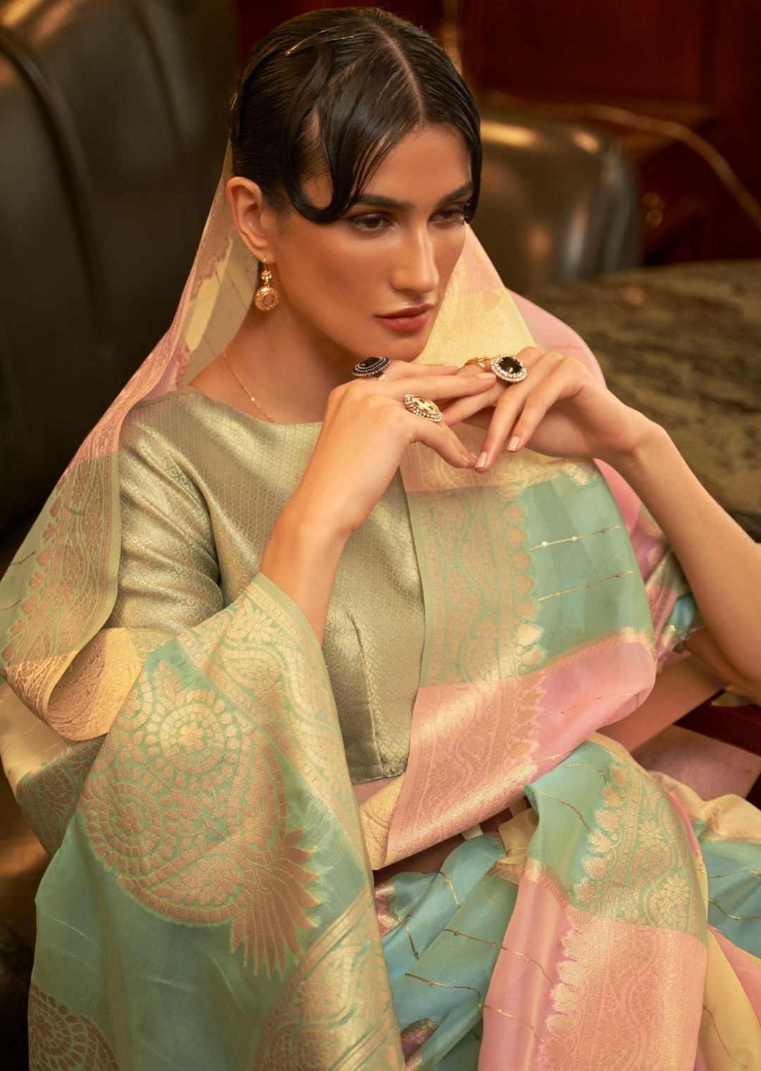 Turquoise Green & Cream Zari Woven Pure Handloom Organza Silk Saree With Sequins Work