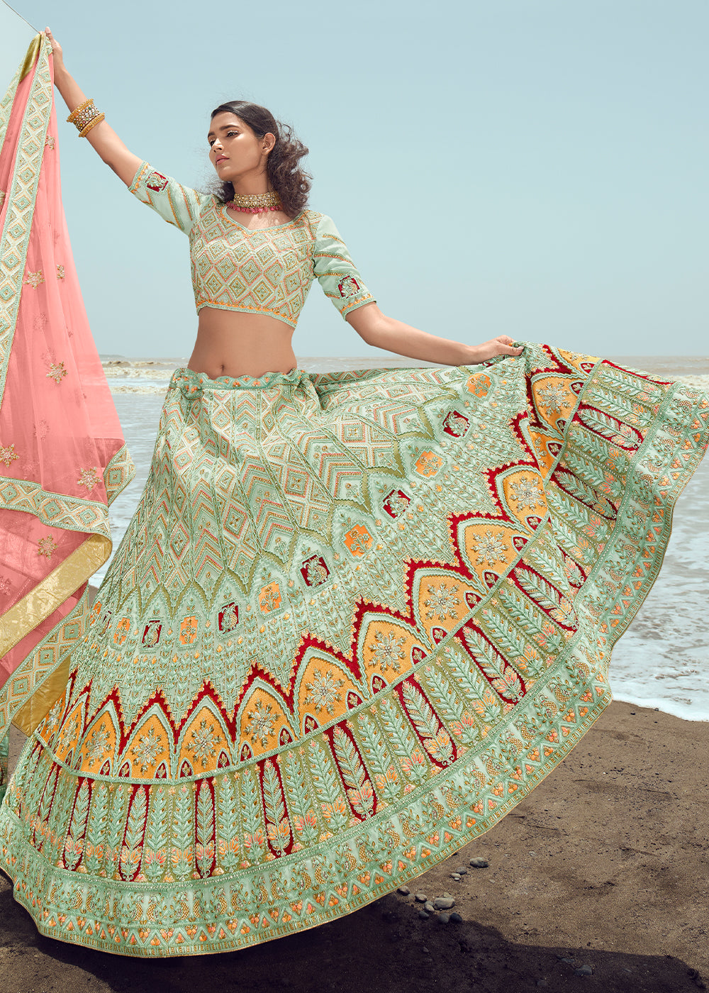 MINT GREEN HEAVY  EMBROIDERED PREMIUM DESIGNER LEHENGA
