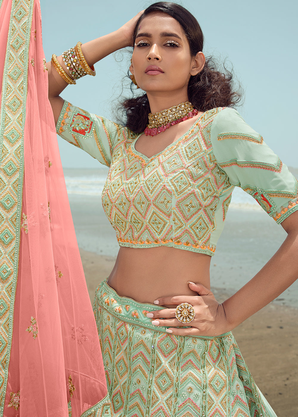 MINT GREEN HEAVY  EMBROIDERED PREMIUM DESIGNER LEHENGA