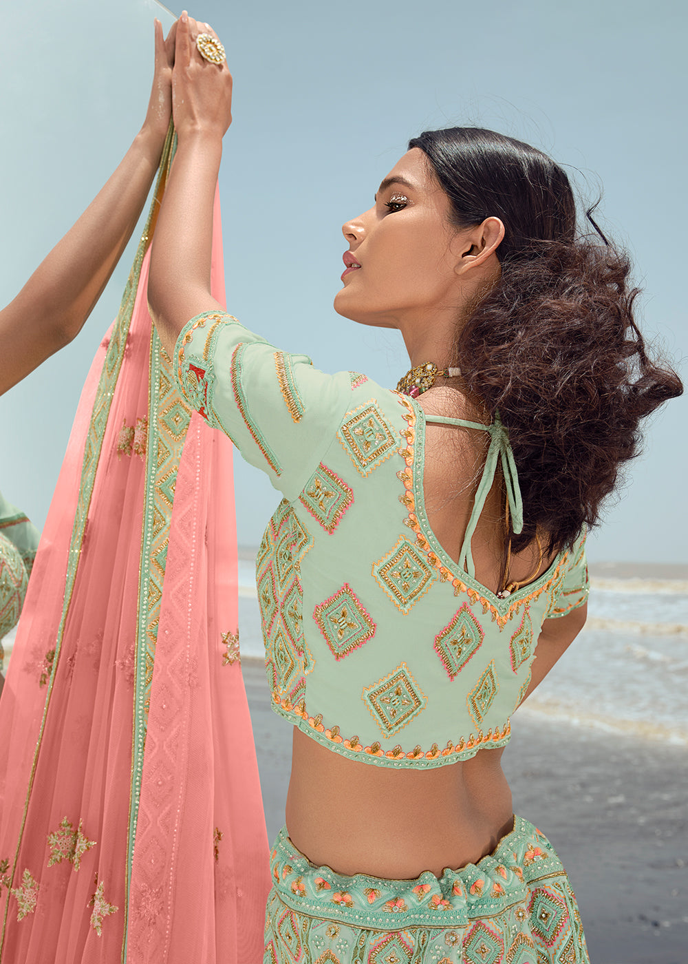MINT GREEN HEAVY  EMBROIDERED PREMIUM DESIGNER LEHENGA